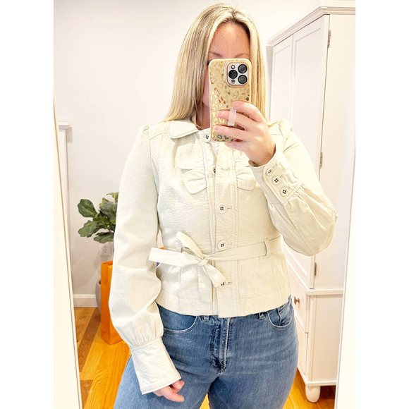 Taikonku Anthropologie Cotton Belted Jacket Khaki Cream 10 - Picture 1 of 12